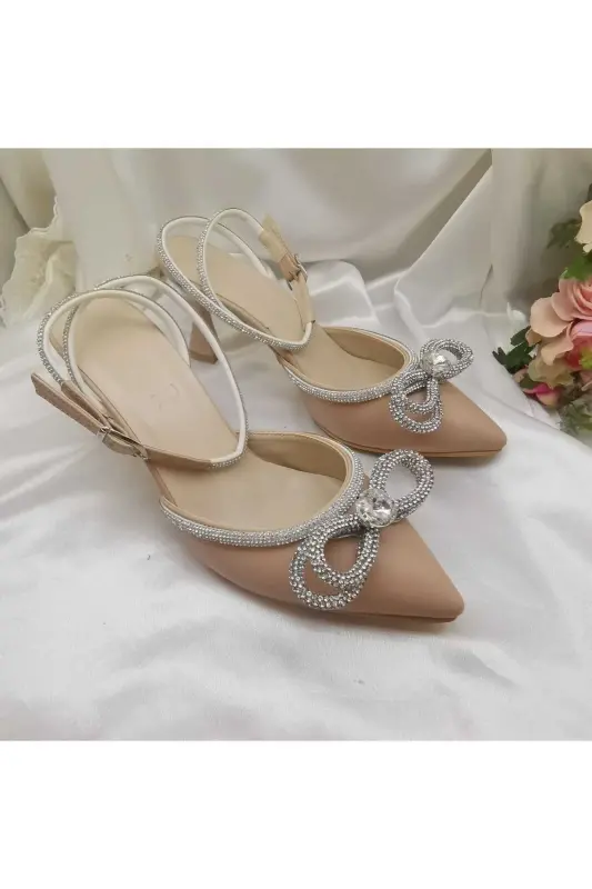 Kadın Ten Rengi 7 Cm Kadeh Topuklu Taşlı Fiyonklu Stiletto Gelin Ayakkabısı - TEN - LİNEER
