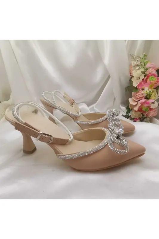 Kadın Ten Rengi 7 Cm Kadeh Topuklu Taşlı Fiyonklu Stiletto Gelin Ayakkabısı - TEN - 2