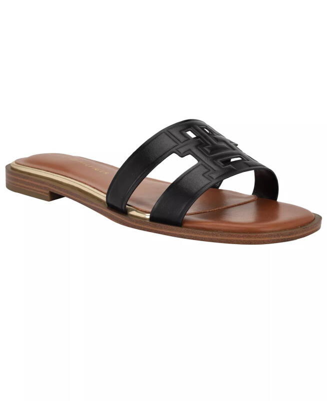 Women's Terenz Logo Strap Flat Slide Sandals-Black - 6