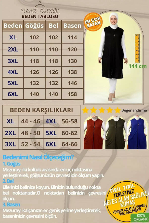 Kadın Tesettür Giyim Uzun Yazlık Cepli Fermuarlı Yelek Haki - 10