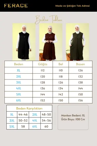 Kadin Tesettur Giyim Uzun Yazlik Cepli Fermuarli Yelek Haki-Haki - FERACE (1)