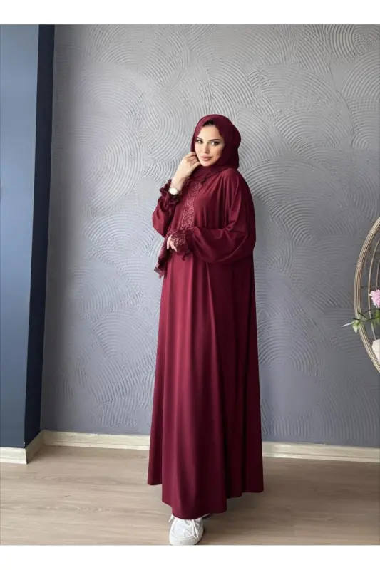 Kadın Tesettür Namaz Elbisesi - Bordo - 3