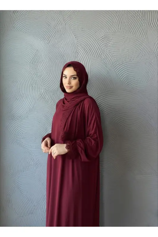 Kadın Tesettür Namaz Elbisesi - Bordo - 4