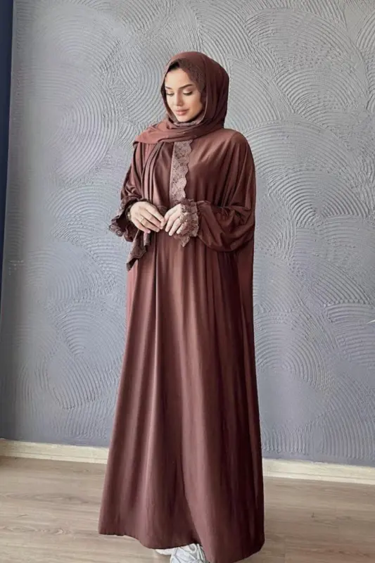 Kadın Tesettür Namaz Elbisesi - Kahverengi - 5