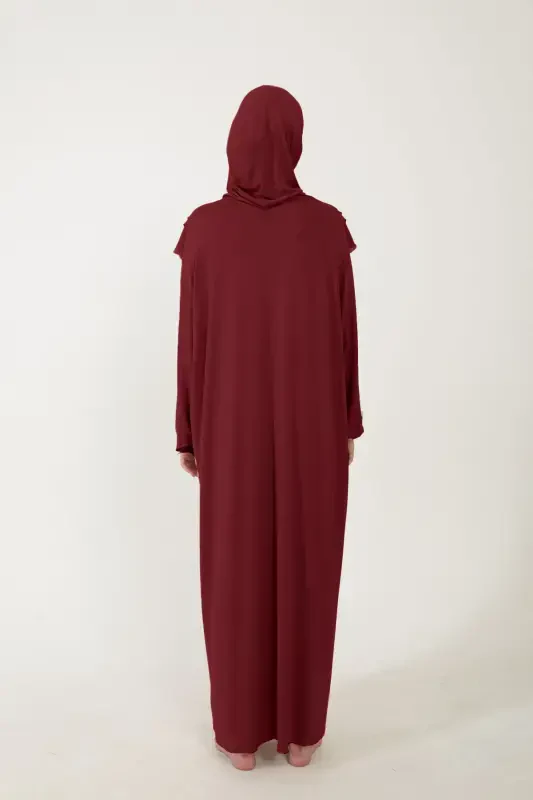 Kadın Tesettür Pamuklu Başörtülü Namaz Elbisesi Dantelli Tek Parça Penye Kumaş-Bordo - 3