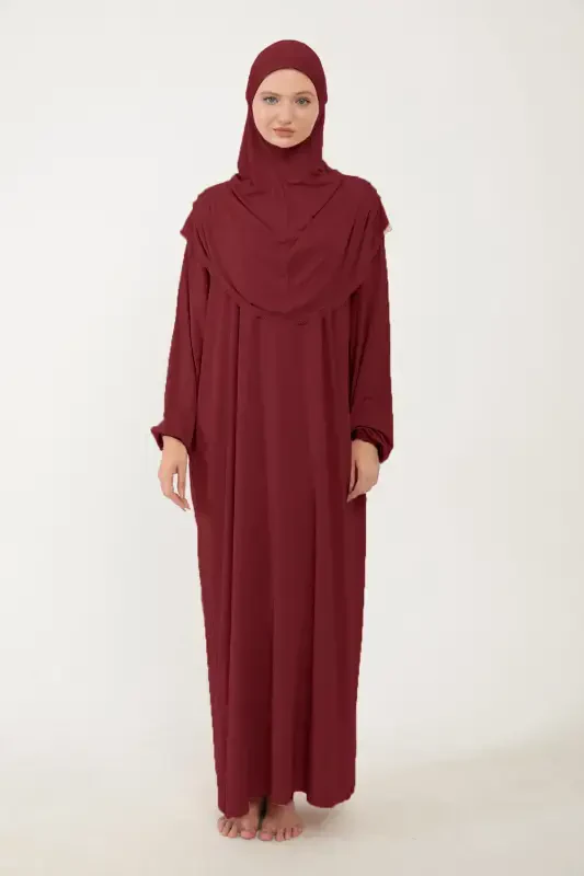 Kadın Tesettür Pamuklu Başörtülü Namaz Elbisesi Dantelli Tek Parça Penye Kumaş-Bordo - 5