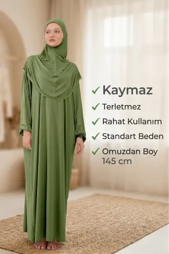 Kadın Tesettür Pamuklu Başörtülü Namaz Elbisesi Dantelli Tek Parça Penye Kumaş - Fıstık Yeşili - 6