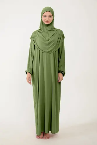 Kadın Tesettür Pamuklu Başörtülü Namaz Elbisesi Dantelli Tek Parça Penye Kumaş-Fıstık Yeşili - 3