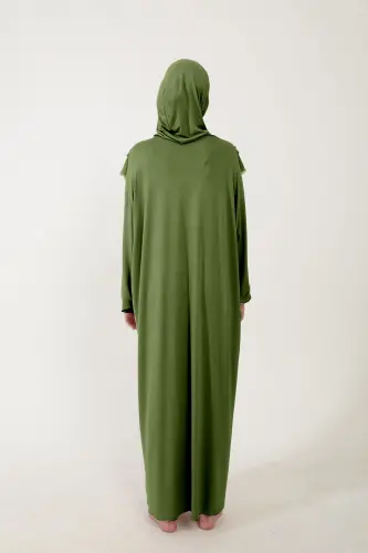 Kadın Tesettür Pamuklu Başörtülü Namaz Elbisesi Dantelli Tek Parça Penye Kumaş-Fıstık Yeşili - 5