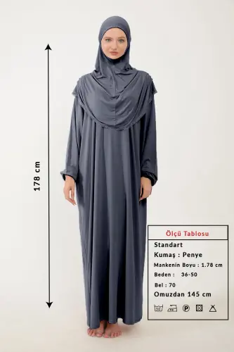 Kadın Tesettür Pamuklu Başörtülü Namaz Elbisesi Dantelli Tek Parça Penye Kumaş - Füme - 4