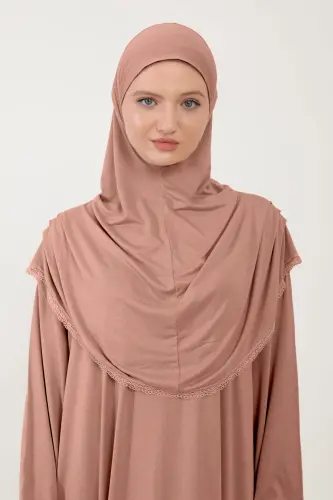Kadın Tesettür Pamuklu Başörtülü Namaz Elbisesi Dantelli Tek Parça Penye Kumaş - Gül Kurusu - SONBAHARMODA (1)