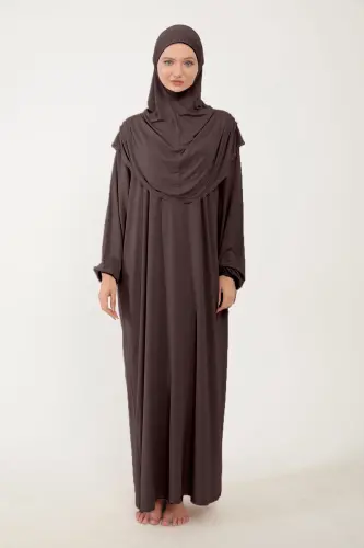 Kadın Tesettür Pamuklu Başörtülü Namaz Elbisesi Dantelli Tek Parça Penye Kumaş-Kahverengi - 3