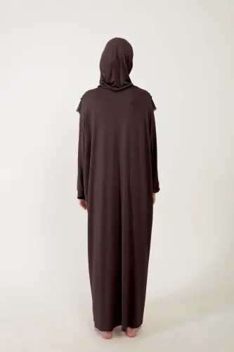 Kadın Tesettür Pamuklu Başörtülü Namaz Elbisesi Dantelli Tek Parça Penye Kumaş-Kahverengi - 5