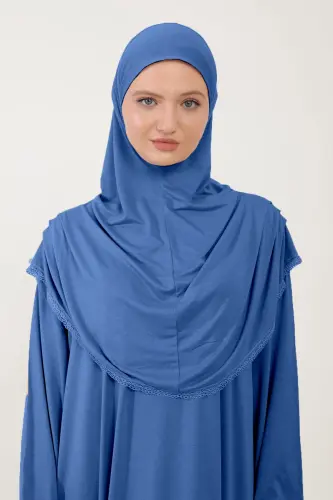 Kadın Tesettür Pamuklu Başörtülü Namaz Elbisesi Dantelli Tek Parça Penye Kumaş - Kot rengi - SONBAHARMODA (1)