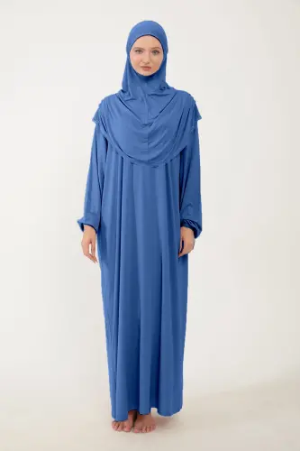 Kadın Tesettür Pamuklu Başörtülü Namaz Elbisesi Dantelli Tek Parça Penye Kumaş-Kot rengi - 3