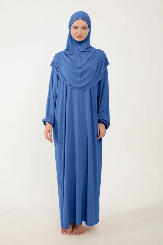 Kadın Tesettür Pamuklu Başörtülü Namaz Elbisesi Dantelli Tek Parça Penye Kumaş-Kot rengi - 3