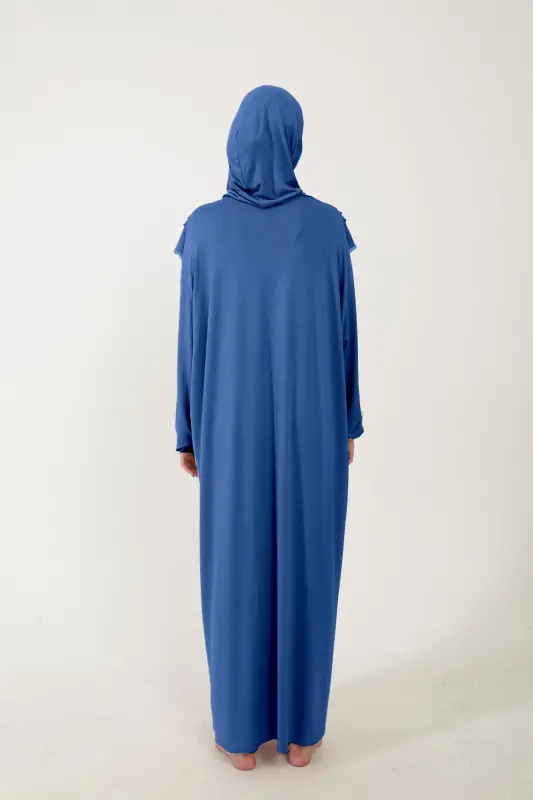 Kadın Tesettür Pamuklu Başörtülü Namaz Elbisesi Dantelli Tek Parça Penye Kumaş-Kot rengi - 5