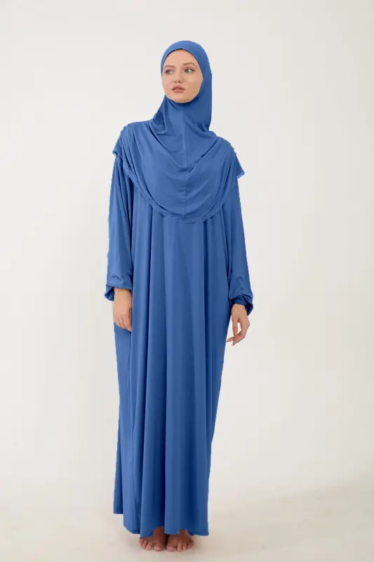 Kadın Tesettür Pamuklu Başörtülü Namaz Elbisesi Dantelli Tek Parça Penye Kumaş-Kot rengi - SONBAHARMODA