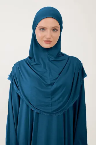 Kadın Tesettür Pamuklu Başörtülü Namaz Elbisesi Dantelli Tek Parça Penye Kumaş-Petrol rengi - 4