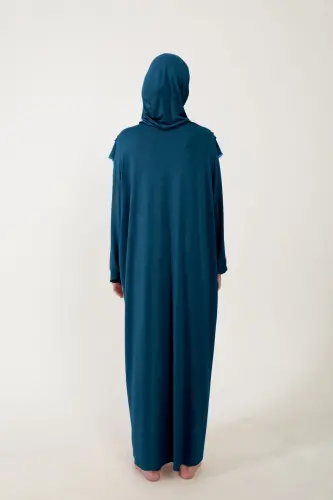 Kadın Tesettür Pamuklu Başörtülü Namaz Elbisesi Dantelli Tek Parça Penye Kumaş-Petrol rengi - 5