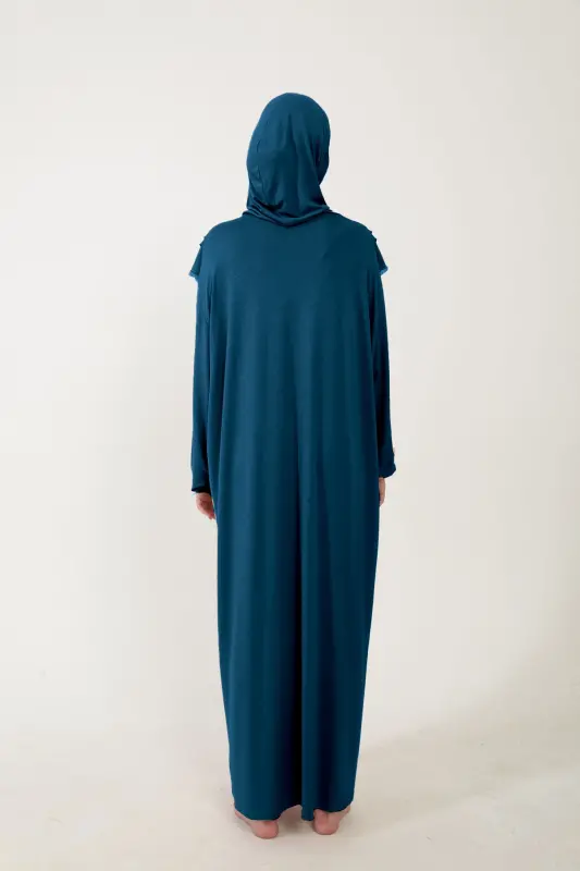Kadın Tesettür Pamuklu Başörtülü Namaz Elbisesi Dantelli Tek Parça Penye Kumaş-Petrol rengi - 5