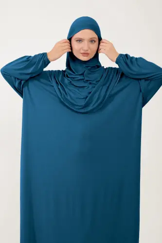 Kadın Tesettür Pamuklu Başörtülü Namaz Elbisesi Dantelli Tek Parça Penye Kumaş - Petrol rengi - SONBAHARMODA (1)