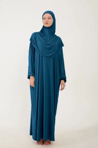 Kadın Tesettür Pamuklu Başörtülü Namaz Elbisesi Dantelli Tek Parça Penye Kumaş-Petrol rengi 