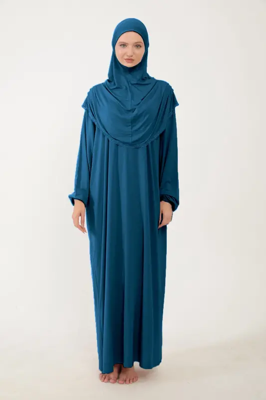 Kadın Tesettür Pamuklu Başörtülü Namaz Elbisesi Dantelli Tek Parça Penye Kumaş-Petrol rengi - 3