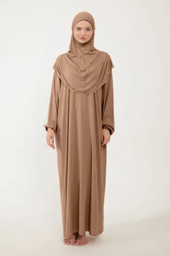 Kadın Tesettür Pamuklu Başörtülü Namaz Elbisesi Dantelli Tek Parça Penye Kumaş-Sütlü Kahve - 3