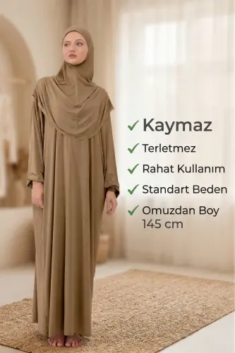 Kadın Tesettür Pamuklu Başörtülü Namaz Elbisesi Dantelli Tek Parça Penye Kumaş - Sütlü Kahve - 6