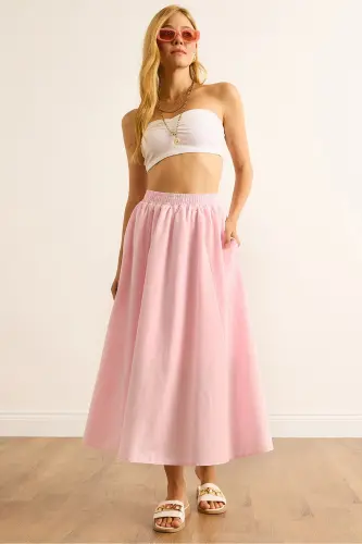Kadın Toz Pembe Cepli Beli Lastikli Midi Dokuma Çan Etek ETK-19000271-Toz Pembe 