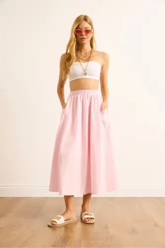 Kadın Toz Pembe Cepli Beli Lastikli Midi Dokuma Çan Etek ETK-19000271-Toz Pembe - OLALOOK (1)