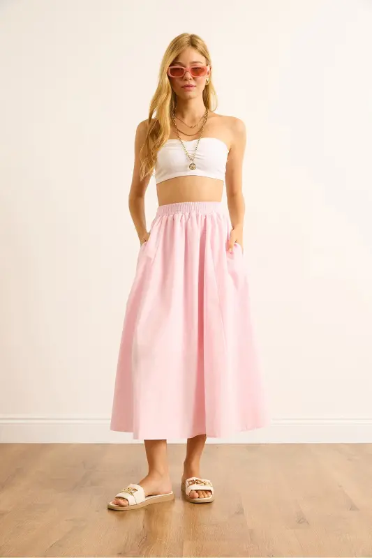 Kadın Toz Pembe Cepli Beli Lastikli Midi Dokuma Çan Etek ETK-19000271-Toz Pembe - 2