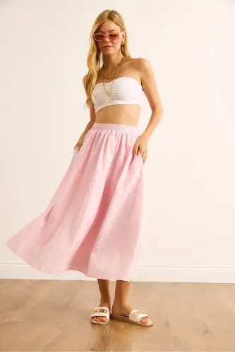 Kadın Toz Pembe Cepli Beli Lastikli Midi Dokuma Çan Etek ETK-19000271-Toz Pembe - 3