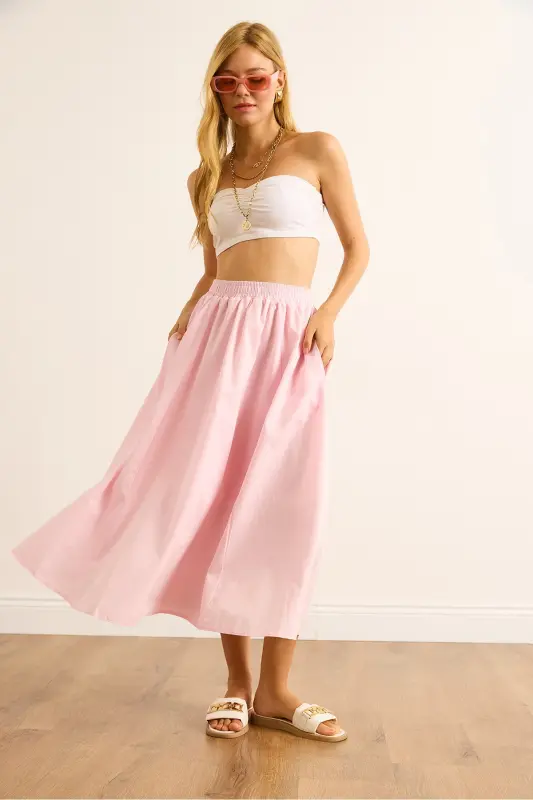 Kadın Toz Pembe Cepli Beli Lastikli Midi Dokuma Çan Etek ETK-19000271-Toz Pembe - 3