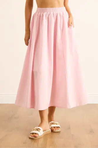 Kadın Toz Pembe Cepli Beli Lastikli Midi Dokuma Çan Etek ETK-19000271-Toz Pembe - 6