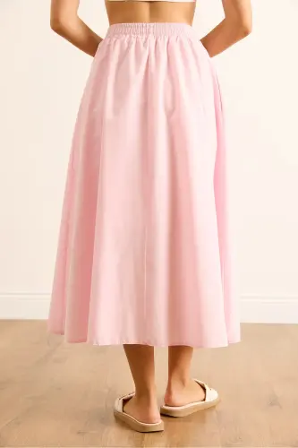 Kadın Toz Pembe Cepli Beli Lastikli Midi Dokuma Çan Etek ETK-19000271-Toz Pembe - 7