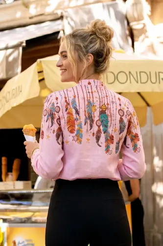Kadın Toz Pembe Hakim Yaka Desenli Gömlek ARM-25Y001013 - Toz Pembe - ARMONIKA (1)