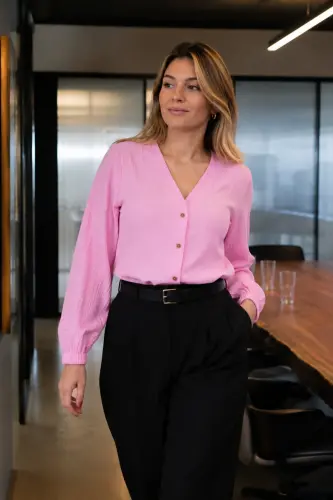 Kadın Toz Pembe Kolu Lastikli Bürümcük Gömlek ARM-24K001002 - Toz Pembe - 1
