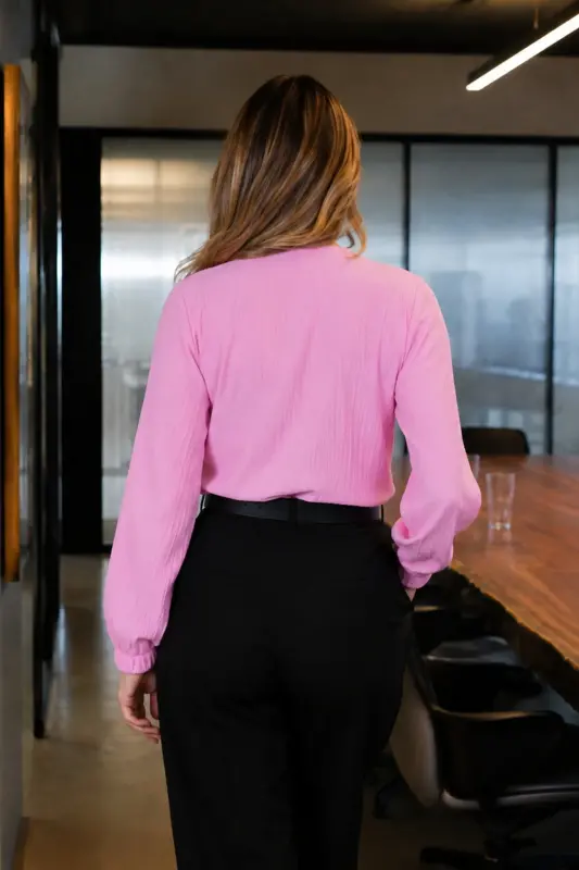 Kadın Toz Pembe Kolu Lastikli Bürümcük Gömlek ARM-24K001002 - Toz Pembe - 2