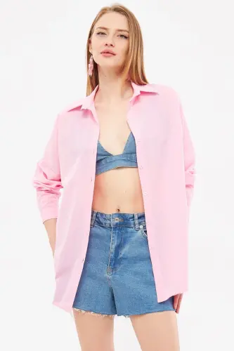 Kadın Toz Pembe Oversize Uzun Basic Gömlek ARM-22Y001118-Toz Pembe - ARMONIKA (1)