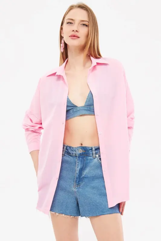 Kadın Toz Pembe Oversize Uzun Basic Gömlek ARM-22Y001118-Toz Pembe - 2