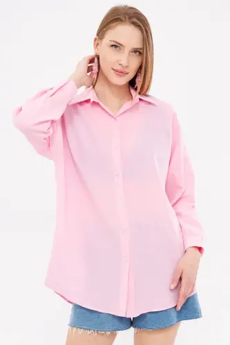Kadın Toz Pembe Oversize Uzun Basic Gömlek ARM-22Y001118-Toz Pembe - 4