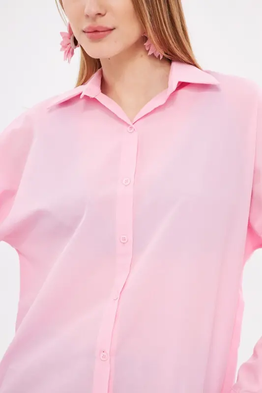Kadın Toz Pembe Oversize Uzun Basic Gömlek ARM-22Y001118-Toz Pembe - 3