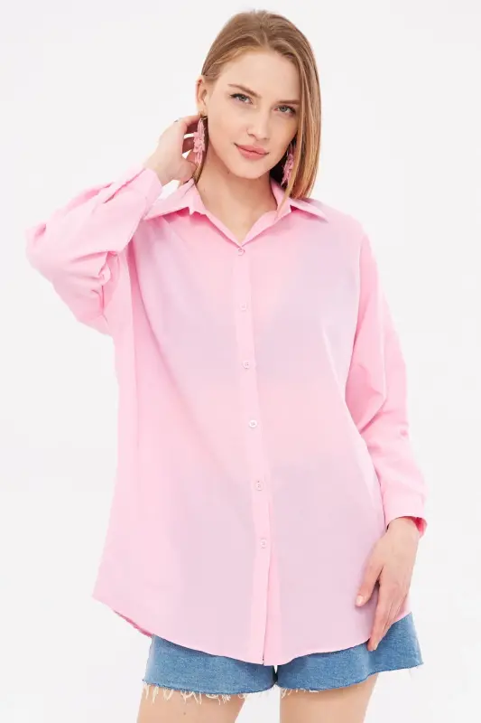 Kadın Toz Pembe Oversize Uzun Basic Gömlek ARM-22Y001118-Toz Pembe - 4