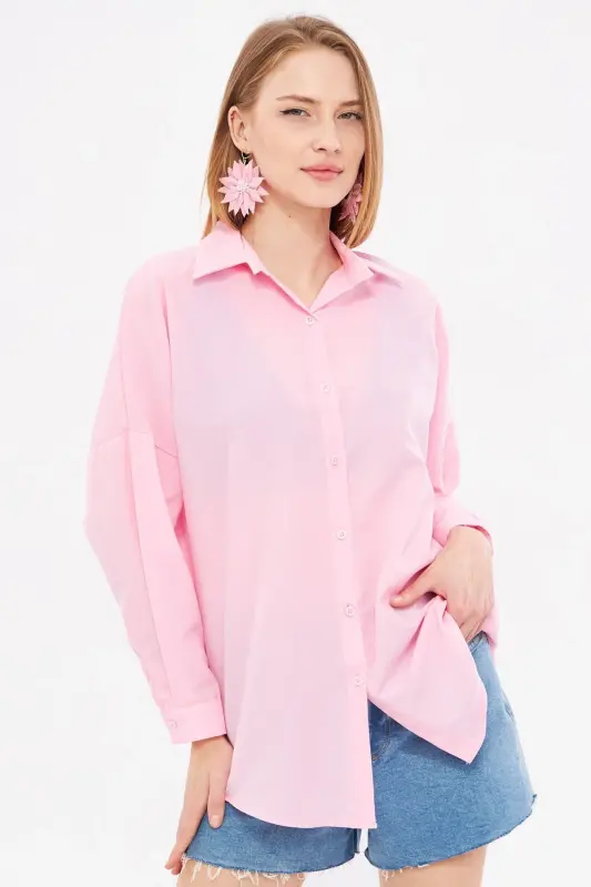 Kadın Toz Pembe Oversize Uzun Basic Gömlek ARM-22Y001118-Toz Pembe - ARMONIKA