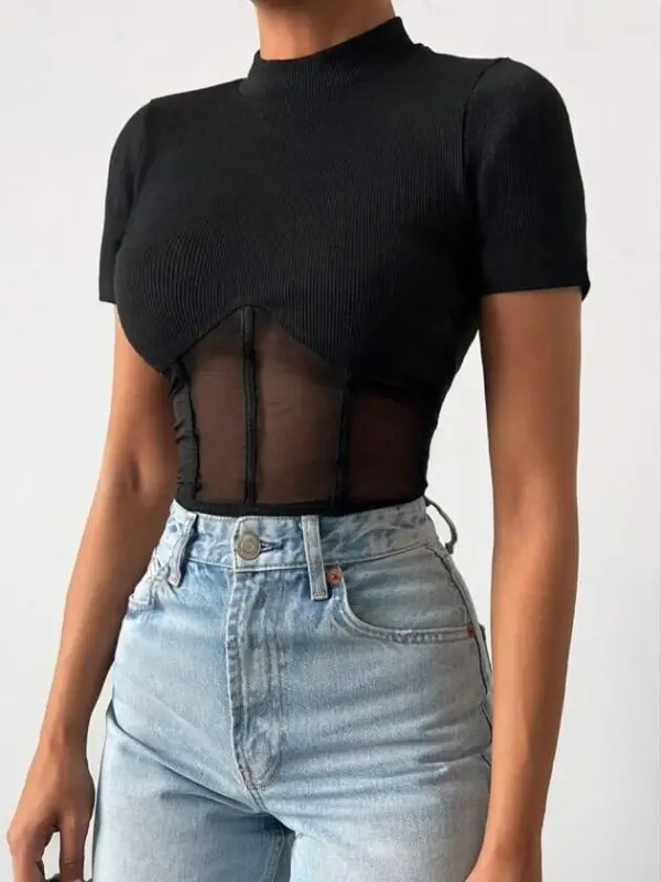 Kadın Transparan Detay Kısa Kol Kaşkorse Bluz - 3