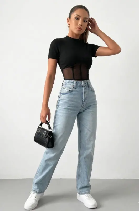 Kadın Transparan Detay Kısa Kol Kaşkorse Bluz - BÜYÜKBEDENIZ