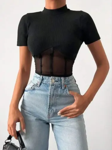 Kadın Transparan Detay Kısa Kol Kaşkorse Bluz - BÜYÜKBEDENIZ (1)