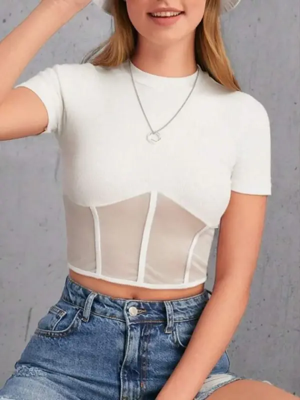 Kadın Transparan Detay Kısa Kol Kaşkorse Bluz - 2